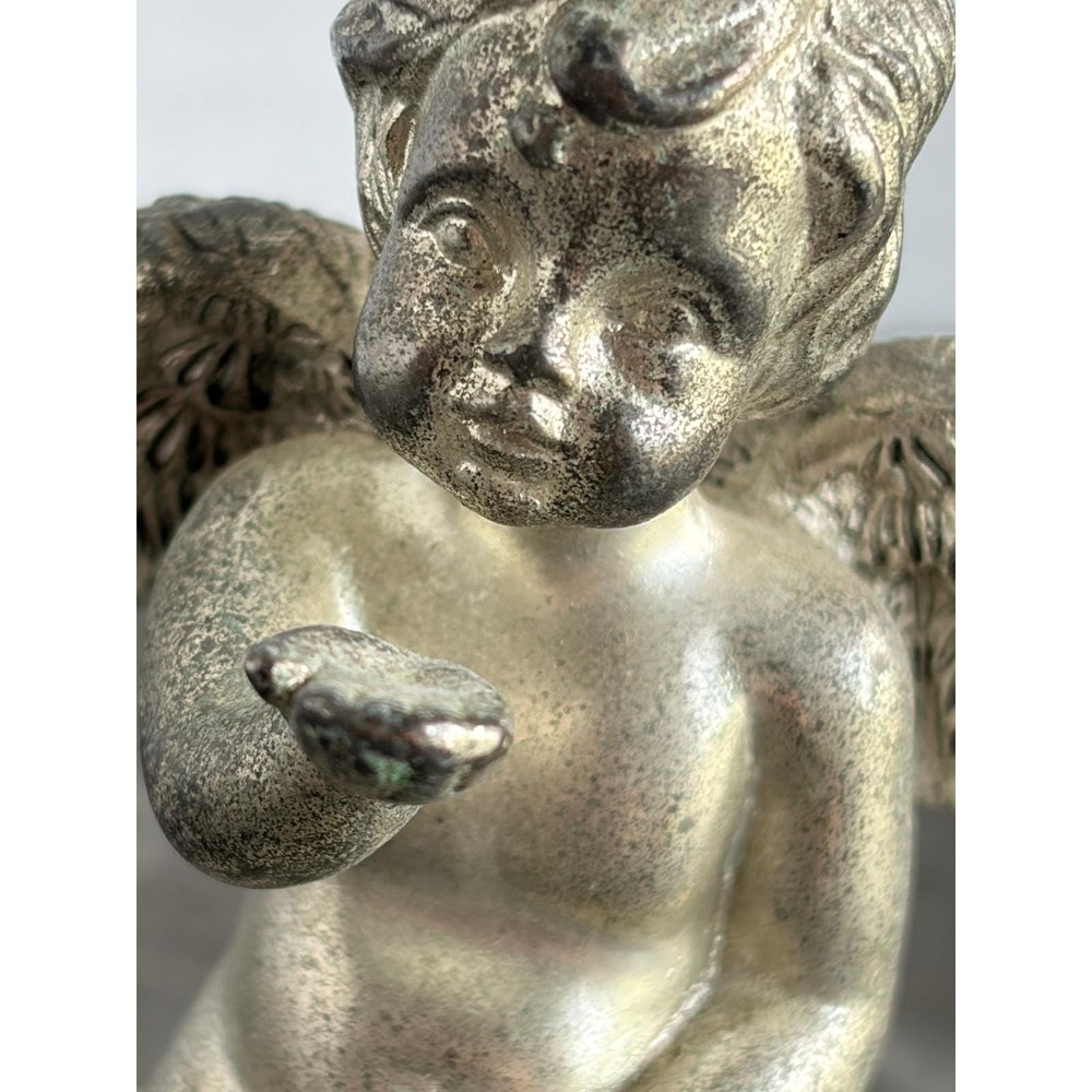 Vintage Silver Tone Cherub Figurine Kneeling Angel on Ornate Base Patina Finish